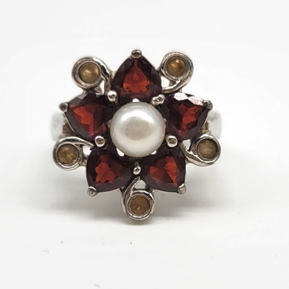 Genuine Garnet, Citrine and White Pearl Flower Statement Ring in Sterling Silver